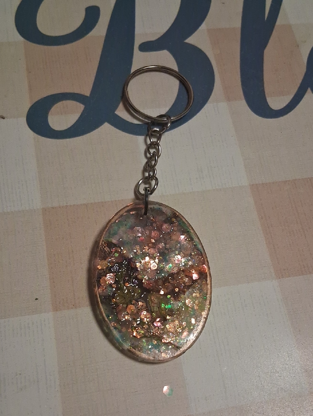 Handmade Oval Glitter Resin Keychain - Iridescent Rose Gold